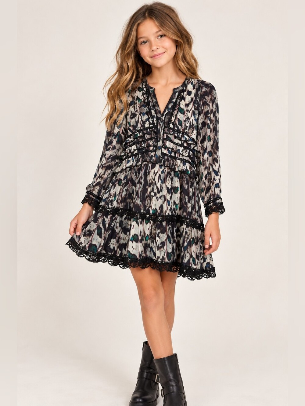 AllSaints smALLSAINTS Girls 9-10 Feather Print Lace Ruffle Tiered Dress